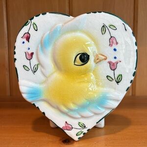 Vintage Heart-Shaped Ceramic Wall Pocket  with Yellow Baby Bird